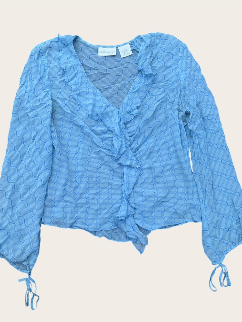 Worthington 100% Silk Blue Beaded Ruffle Blouse Women’s 12